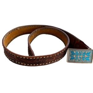 Vintage Tooled Leather Floral Tiger Belt Silver Buckle Studs Men’s Size 42